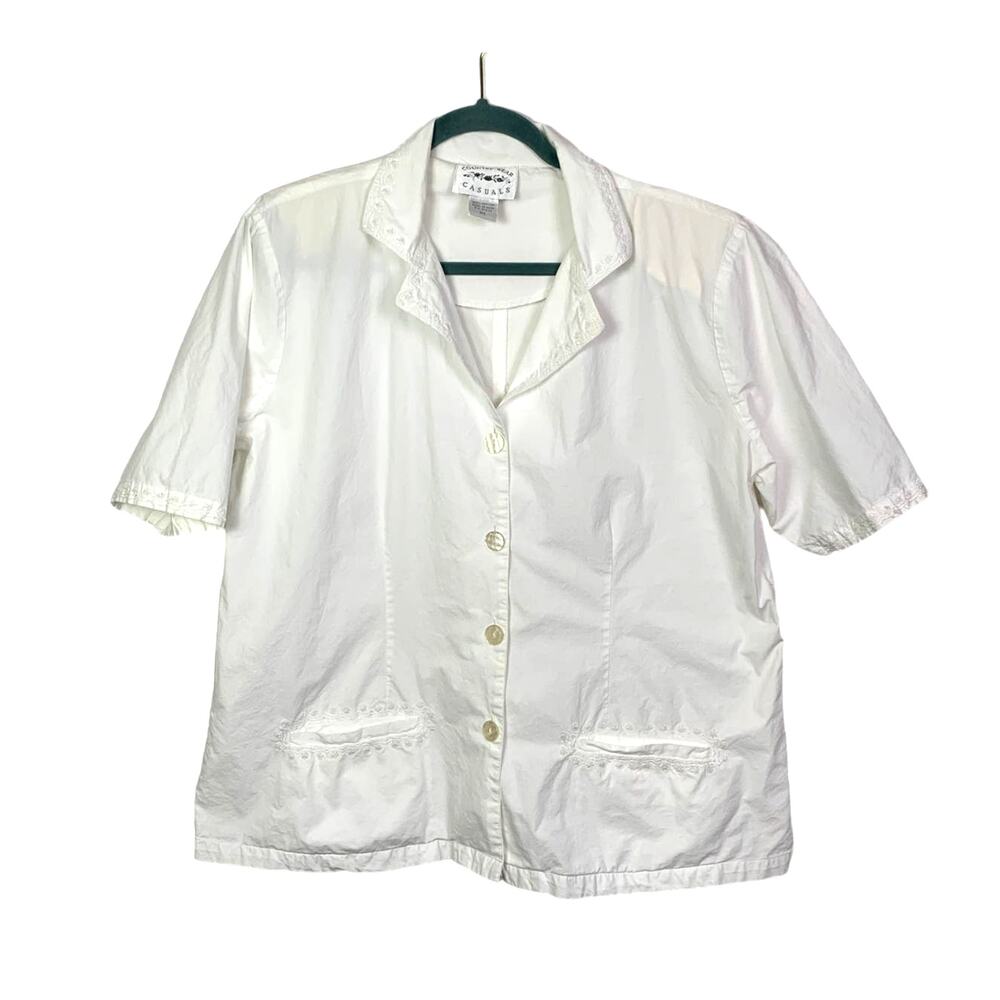 Vintage White Embroidered Short Sleeve Button up, Size XL
